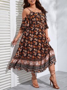 SHEIN VCAY 大碼印花挖肩荷葉邊洋裝 - 彩色 - 查看 1