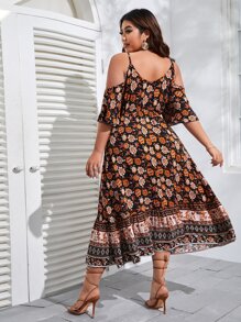 SHEIN VCAY 大碼印花挖肩荷葉邊洋裝 - 彩色 - 查看 2