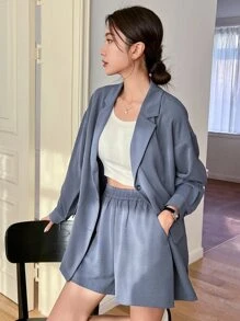 DAZY Lapel Neck Drop Shoulder Blazer & Shorts - Dusty Blue - View 3
