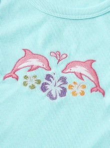 SHEIN EZwear 刺繡海豚和花卉圖案短款背心 - 薄荷藍 - 查看 4