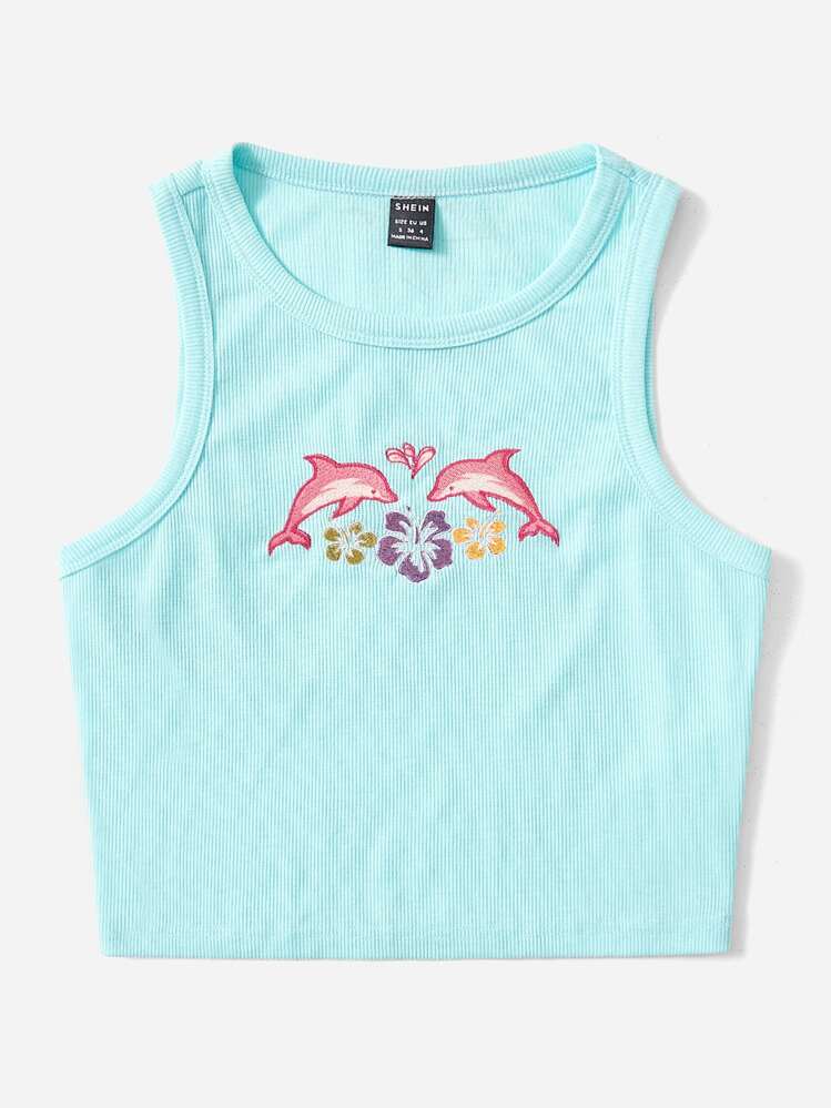 SHEIN EZwear Embroidery Dolphin and Floral Pattern Crop Tank Top