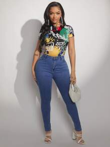 SHEIN SXY Letter Graphic Mock Neck Form Fitted Bodysuit - Multicolor - View 5