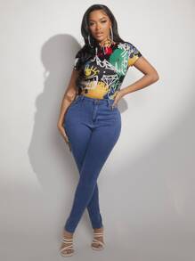 SHEIN SXY Letter Graphic Mock Neck Form Fitted Bodysuit - Multicolor - View 6