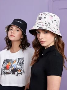 FRIENDS X SHEIN Reversible Letter & Star Pattern Bucket Hat, Suitable For Street Wear, Gifts, Valentines - Multicolor - View 2