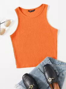 Muchica Neon Orange Solid Rib-knit Tank Top - Orange - View 1