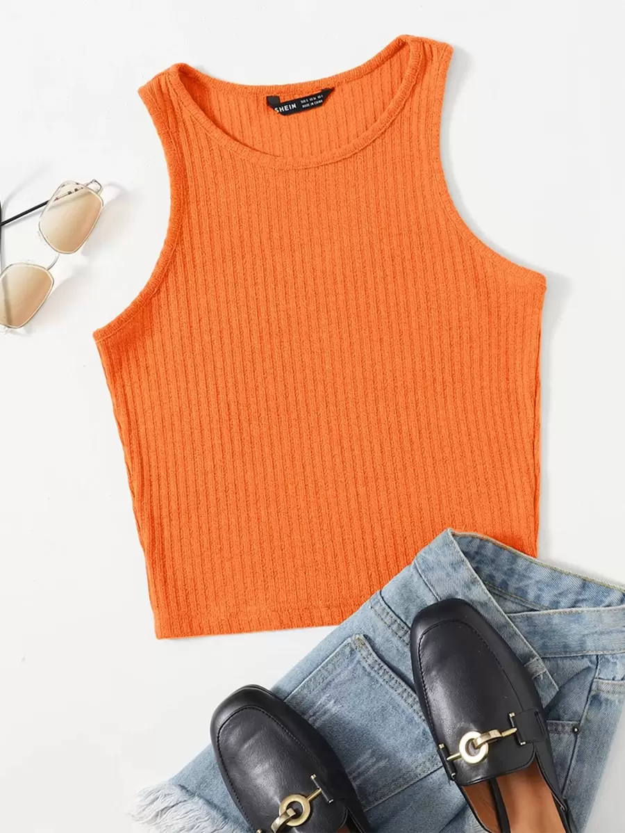 Muchica Neon Orange Solid Rib-knit Tank Top - Orange - View 1