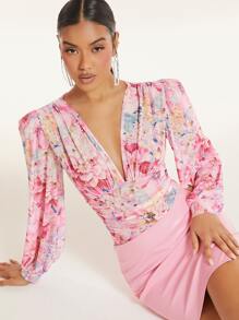 SHEIN BAE 印花深V領燈籠袖連體衣 - 彩色 - 查看 1