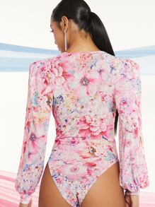 SHEIN BAE 印花深V領燈籠袖連體衣 - 彩色 - 查看 2