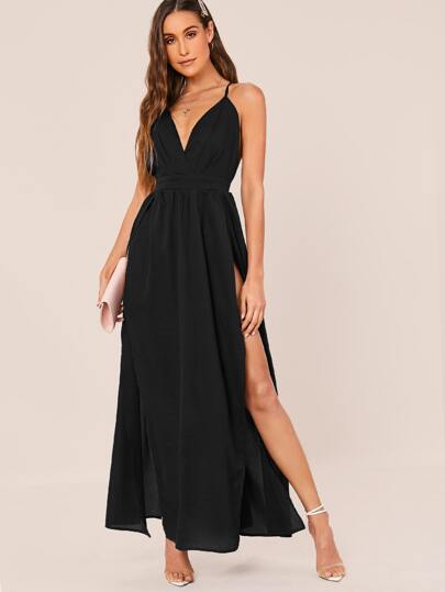 SHEIN Belle Váy xẻ tà cao dây mảnh màu trơn, váy dạ hội trang trọng thanh lịch màu đen, dành cho khách dự tiệc cưới, tốt nghiệp, tiệc tối, váy dự tiệc