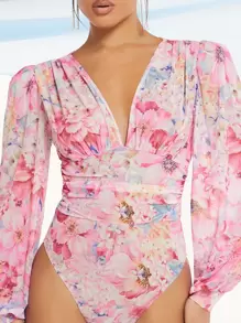SHEIN BAE 印花深V領燈籠袖連體衣 - 彩色 - 查看 3