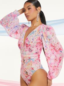 SHEIN BAE 印花深V領燈籠袖連體衣 - 彩色 - 查看 4