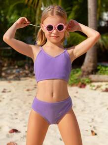 Tween Girl Solid Smocked Bikini Set Summer Beach - Purple - View 3