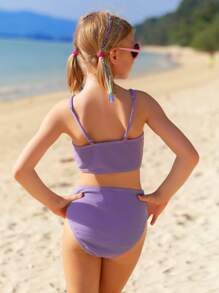 Tween Girl Solid Smocked Bikini Set Summer Beach - Purple - View 4