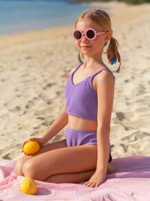 Tween Girl Solid Smocked Bikini Set Summer Beach - Purple - View 5