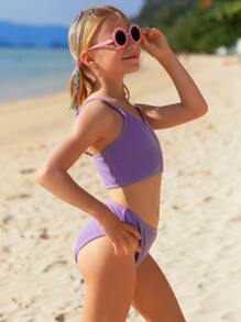 Tween Girl Solid Smocked Bikini Set Summer Beach - Purple - View 6