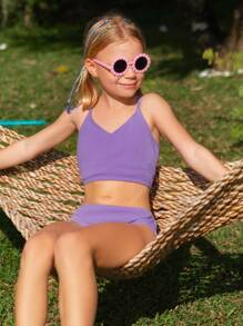 Tween Girl Solid Smocked Bikini Set Summer Beach - Purple - View 7