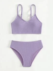 Tween Girl Solid Smocked Bikini Set Summer Beach - Purple - View 1