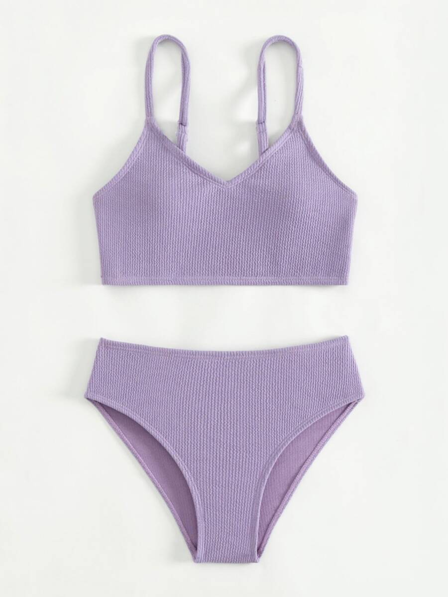 Tween Girl Solid Smocked Bikini Set Summer Beach - Purple - View 1