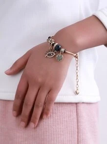 Rhinestone Eye & Heart Charm Bracelet - Yellow Gold - View 1