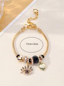 Rhinestone Eye & Heart Charm Bracelet - Yellow Gold - View 3