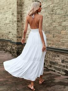GENKIRA Guipure Lace Trim Ruffle Hem Backless Cami Dress - White - View 3
