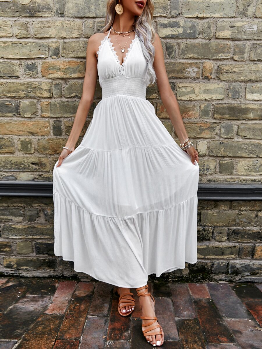 GENKIRA Guipure Lace Trim Ruffle Hem Backless Cami Dress - White - View 1