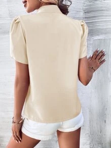 SHEIN LUNE Solid Petal Sleeve Notched Neck Blouse - Apricot - View 2