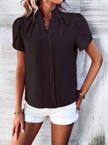 SHEIN Clasi Solid Petal Sleeve Notched Neck Blouse - Black - View 3