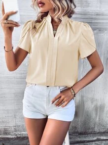 SHEIN LUNE Solid Petal Sleeve Notched Neck Blouse - Apricot - View 4