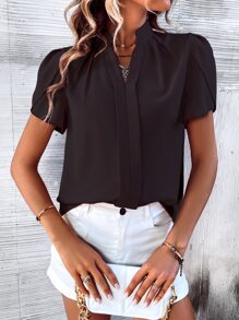 SHEIN Clasi Solid Petal Sleeve Notched Neck Blouse - Black - View 5