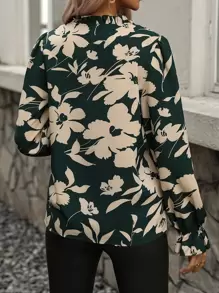 SHEIN LUNE Áo sơ mi nữ viền lá sen Xù Hoa Boho - Màu xanh lá cây đậm - Xem 2