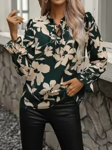 SHEIN LUNE Áo sơ mi nữ viền lá sen Xù Hoa Boho - Màu xanh lá cây đậm - Xem 5