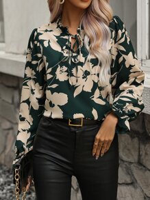 SHEIN LUNE Áo sơ mi nữ viền lá sen Xù Hoa Boho - Màu xanh lá cây đậm - Xem 6