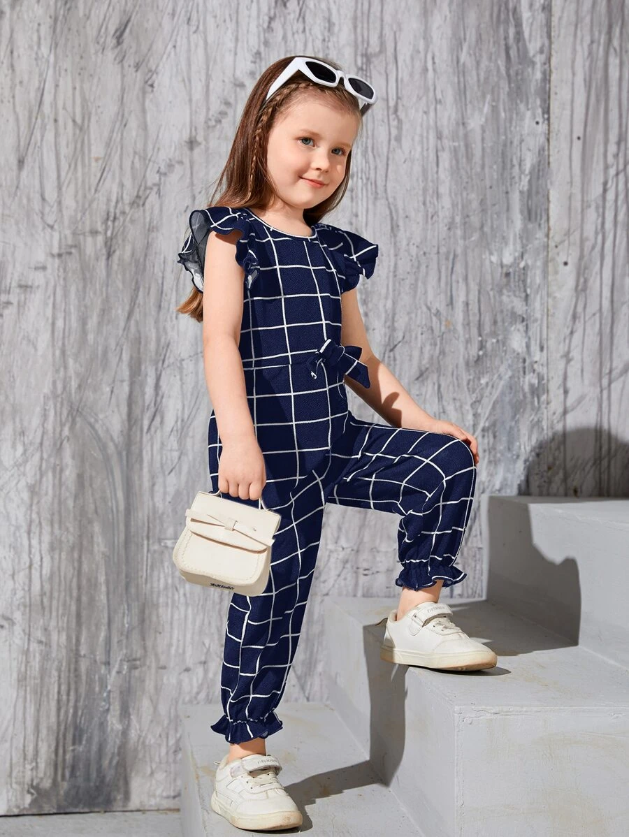 SHEIN 小女童網格綫條紋蝴蝶袖荷葉邊下擺前蝴蝶結連身褲 - 藏蓝色 - 查看 1