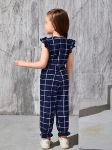 SHEIN 小女童網格綫條紋蝴蝶袖荷葉邊下擺前蝴蝶結連身褲 - 藏蓝色 - 查看 2