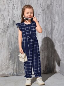 SHEIN 小女童網格綫條紋蝴蝶袖荷葉邊下擺前蝴蝶結連身褲 - 藏蓝色 - 查看 3