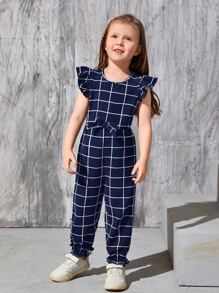 SHEIN 小女童網格綫條紋蝴蝶袖荷葉邊下擺前蝴蝶結連身褲 - 藏蓝色 - 查看 5