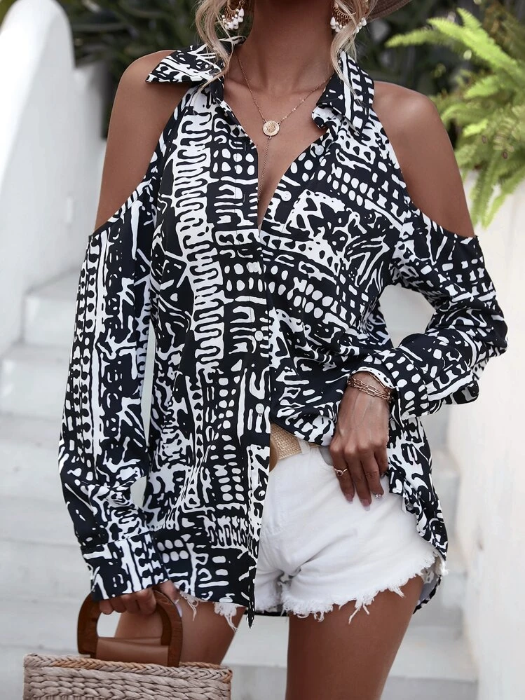SHEIN VCAY Casual Volledig geprint Blouse Uitgeknipt Voorpand met Knoopjes - Zwart & wit - Bekijken 1