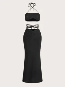 SHEIN ICON Tie Backless Halter Top & Ruched Waist Skirt - Black - View 1