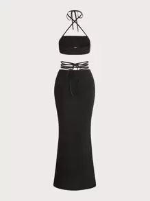 SHEIN ICON Tie Backless Halter Top & Ruched Waist Skirt - Black - View 2