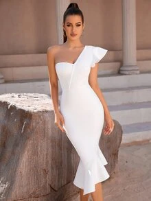 ADYCE One Shoulder Ruffle Trim High Waist Bodycon Cocktail Party Bandage Dress - White - View 3
