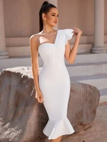 ADYCE One Shoulder Ruffle Trim High Waist Bodycon Cocktail Party Bandage Dress - White - View 4