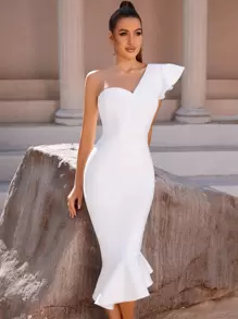 ADYCE One Shoulder Ruffle Trim High Waist Bodycon Cocktail Party Bandage Dress - White - View 1