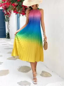 SHEIN VCAY 漸層繞頸百褶連衣裙 - 彩色 - 查看 1