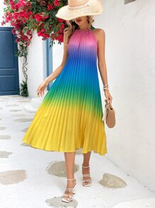 SHEIN VCAY 漸層繞頸百褶連衣裙 - 彩色 - 查看 3