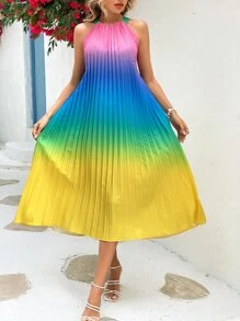 SHEIN VCAY 漸層繞頸百褶連衣裙 - 彩色 - 查看 4