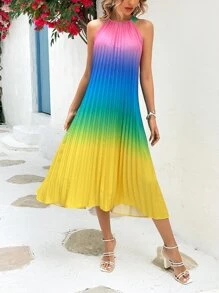 SHEIN VCAY 漸層繞頸百褶連衣裙 - 彩色 - 查看 5