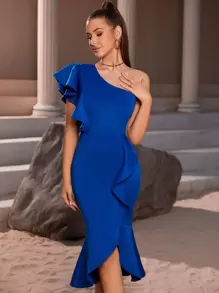 ADYCE One Shoulder Ruffle Trim Wrap Hem Bandage Bodycon Dress - Royal Blue - View 1