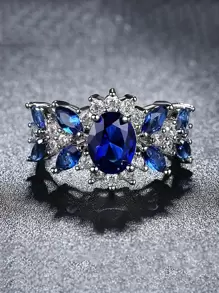 MONALLY 1pc Fashionable Charm Fully Rhinestone Copper Ring For Women, Birthday Gift Accessory - Blue - View 1