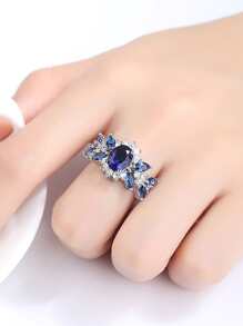 MONALLY 1pc Fashionable Charm Fully Rhinestone Copper Ring For Women, Birthday Gift Accessory - Blue - View 2